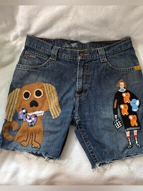 Upcycled Boho Jean Shorts Hand-Stitched Embroidered Puppy Patchwork Raw Hem Lg
